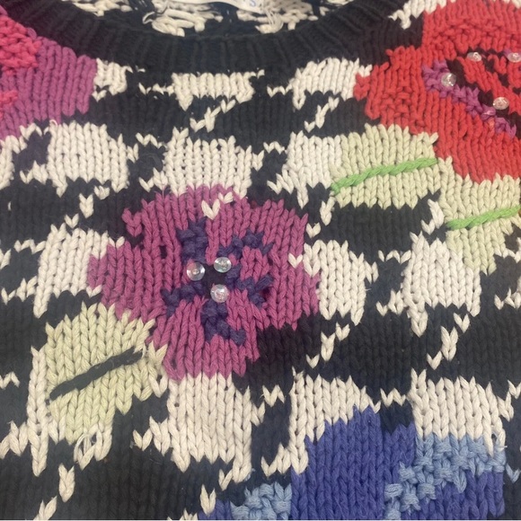 Vintage 80s Principles Petite Cotton Sweater Black & White Floral Medium - Picture 6 of 16